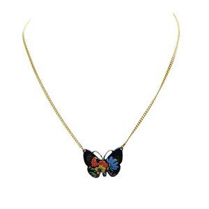Enamel Butterfly Pendant on Vintage Choker Chain Necklace Gold Tone with Bright